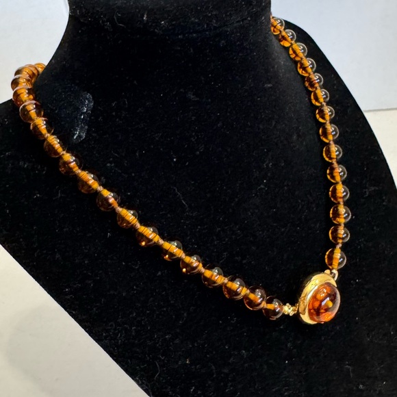 Faux Tortoise Shell Amber Vintage Glass Beaded Necklace Large Box Cabochon Clasp - Picture 6 of 16
